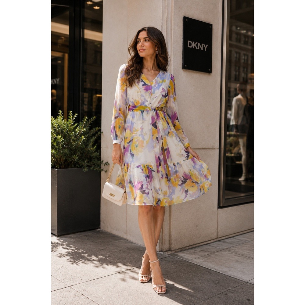 DKNY New Women's Dress US 8 Fit Flare V Neck Chiffon Floral Tie Waist A-Line